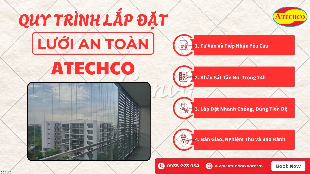 Quy tr&igrave;nh lắp đặt lưới an to&agrave;n chuy&ecirc;n nghiệp tại Atechco