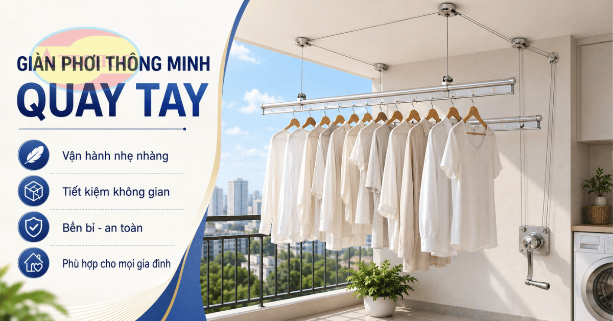 Lắp Đặt Giàn Phơi Thông Minh Tại Bình Dương Uy Tín, Nhanh Chóng Giàn phơi tay quay phù hợp ban công chung cư